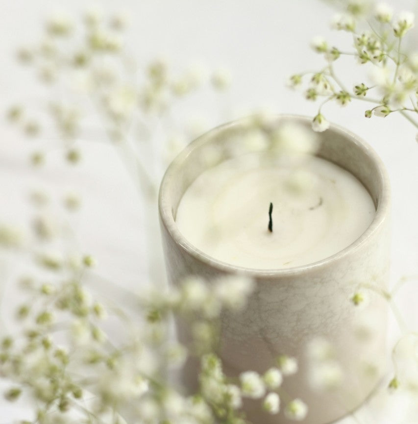 image of a single wick coconut apricot wax candle with white flowers in the foreground